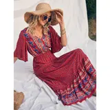 Sommerkleid Damen Kurzarm Kleid A-Linien Blumen Kleider Boho Blumen Strandkleid – Bild 2