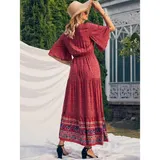 Sommerkleid Damen Kurzarm Kleid A-Linien Blumen Kleider Boho Blumen Strandkleid – Bild 4
