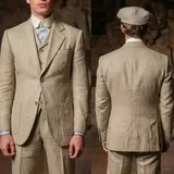 Herren 3-teiliger Leinen Anzug Vintage Sakko Weste Hose Hochzeit  Sommer Kostüm – Bild 1