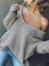 Damen Pullover Grobstrick Oversize Over Shoulder Pulli V-Ausschnitt WinterHerbst – Bild 11