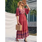 Sommerkleid Damen Kurzarm Kleid A-Linien Blumen Kleider Boho Blumen Strandkleid – Bild 3