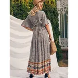 Sommerkleid Damen Kurzarm Kleid A-Linien Blumen Kleider Boho Blumen Strandkleid – Bild 7