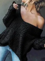 Damen Pullover Grobstrick Oversize Over Shoulder Pulli V-Ausschnitt WinterHerbst – Bild 12