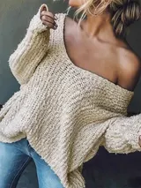 Damen Pullover Grobstrick Oversize Over Shoulder Pulli V-Ausschnitt WinterHerbst – Bild 14