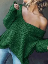 Damen Pullover Grobstrick Oversize Over Shoulder Pulli V-Ausschnitt WinterHerbst – Bild 6