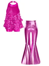 DE Mädchen Tanzkleid Glitzer Pailletten Jazz-Tanzkostüm Oberteil und Schlaghosen – Bild 8