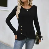 Damen Knopf Rundhals Oberteile Bluse Sweatshirt Langarmshirt Herbst Tops Tunika – Bild 7