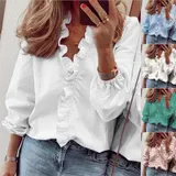 Damen V-Neck Rüschen T-Shirt Langarm Bluse Sommer Freizeit Hemd Tops Tee – Bild 5