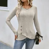 Damen Knopf Rundhals Oberteile Bluse Sweatshirt Langarmshirt Herbst Tops Tunika – Bild 3