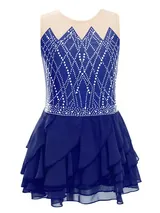 DE Kinder Mädchen Eiskunstlauf Kleid Strass Tanzkleid Gerafftes Ärmellos Trikot – Bild 9