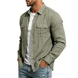Leinenhemd Herren Langarm Hemden Männer Freizeithemden Taschen Business Shirt – Bild 3