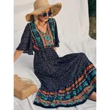 Sommerkleid Damen Kurzarm Kleid A-Linien Blumen Kleider Boho Blumen Strandkleid – Bild 10