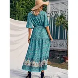 Sommerkleid Damen Kurzarm Kleid A-Linien Blumen Kleider Boho Blumen Strandkleid – Bild 9