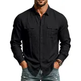 Leinenhemd Herren Langarm Hemden Männer Freizeithemden Taschen Business Shirt – Bild 1