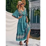 Sommerkleid Damen Kurzarm Kleid A-Linien Blumen Kleider Boho Blumen Strandkleid – Bild 8