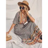 Sommerkleid Damen Kurzarm Kleid A-Linien Blumen Kleider Boho Blumen Strandkleid – Bild 6