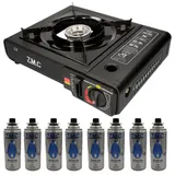 ZMC Campingkocher Outdoor Camping Gas Kocher Herd + 8x Gaskartuschen Schwarz – Bild 1