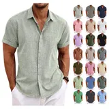Leinenhemd Herren Kurzarm Hemd Button Freizeithemden Sommer Strand Leinen Shirt – Bild 3