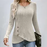 Damen Knopf Rundhals Oberteile Bluse Sweatshirt Langarmshirt Herbst Tops Tunika – Bild 2