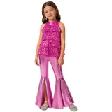 DE Mädchen Tanzkleid Glitzer Pailletten Jazz-Tanzkostüm Oberteil und Schlaghosen – Bild 7