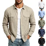 Leinenhemd Herren Langarm Hemden Männer Freizeithemden Taschen Business Shirt – Bild 10