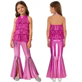DE Mädchen Tanzkleid Glitzer Pailletten Jazz-Tanzkostüm Oberteil und Schlaghosen – Bild 2
