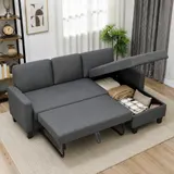 Ecksofa mit Schlaffunktion 3-Sitzer Sofa und Bettkasten, Leinenoptik Dunkelgrau – Bild 2