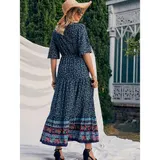 Sommerkleid Damen Kurzarm Kleid A-Linien Blumen Kleider Boho Blumen Strandkleid – Bild 12