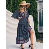 Sommerkleid Damen Kurzarm Kleid A-Linien Blumen Kleider Boho Blumen Strandkleid – Bild 1
