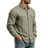 Leinenhemd Herren Langarm Hemden Männer Freizeithemden Taschen Business Shirt – Bild 4
