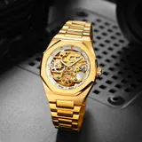 Automatik Uhr vergoldet Vintage Look Armbanduhr 41 mm skelettiert mit Box – Bild 8