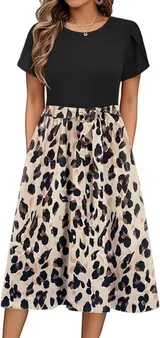 ZEAGOO Sommerkleid Damen Midikleid A-Linie Rundhals Kurzarm Blumen S-XXL Tasche – Bild 1