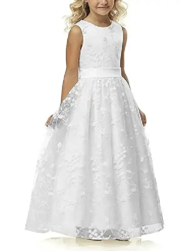 Mädchen Kleid Prinzessin Maxi Blumenkleider Hochzeit Ärmellos, Weiß, 2-3 Jahre