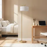 Stehlampe Stehleuchte E27 Sockel für Wohnzimmer Stahl Stoffschirm Goldoptik – Bild 2