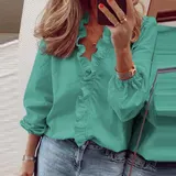 Damen V-Neck Rüschen T-Shirt Langarm Bluse Sommer Freizeit Hemd Tops Tee – Bild 6