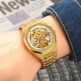 Automatik Uhr vergoldet Vintage Look Armbanduhr 41 mm skelettiert mit Box – Bild 9