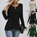 Damen Knopf Rundhals Oberteile Bluse Sweatshirt Langarmshirt Herbst Tops Tunika – Bild 14