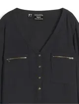 Damen Bluse schwarz Langarm V-Ausschnitt +Reißverschluss Größe 38 - 56 neu 65359 – Bild 2