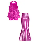 DE Mädchen Tanzkleid Glitzer Pailletten Jazz-Tanzkostüm Oberteil und Schlaghosen – Bild 9