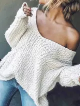 Damen Pullover Grobstrick Oversize Over Shoulder Pulli V-Ausschnitt WinterHerbst – Bild 13