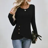 Damen Knopf Rundhals Oberteile Bluse Sweatshirt Langarmshirt Herbst Tops Tunika – Bild 8