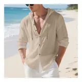 Leinenhemd Herren Hemd Langarm Shirt Kapuzenhemd Männer Hoodie Freizeithemden – Bild 2