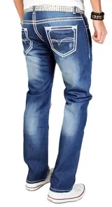 A. Salvarini Herren Designer Jeans Hose dicke weisse Zier Nähte denim blau AS011 – Bild 3