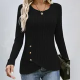 Damen Knopf Rundhals Oberteile Bluse Sweatshirt Langarmshirt Herbst Tops Tunika – Bild 6