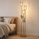 Stehlampe Wohnzimmer mit Regal, Glasschirmen, für Wohnzimmer, Gold – Bild 10