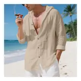 Leinenhemd Herren Hemd Langarm Shirt Kapuzenhemd Männer Hoodie Freizeithemden – Bild 3