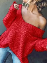 Damen Pullover Grobstrick Oversize Over Shoulder Pulli V-Ausschnitt WinterHerbst – Bild 8