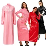 DE TiaoBug Damen Negligee Lang Wasserdichte Maxikleid Langarm Lackleder Kleid – Bild 13