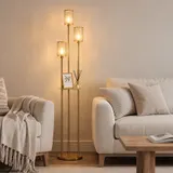 Stehlampe Wohnzimmer mit Regal, Glasschirmen, für Wohnzimmer, Gold – Bild 9