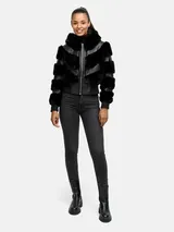 Tazzio Damen Jacke - Übergangsjacke mit Kapuze, Bomber-Style, Fell-Streifen-Look – Bild 2